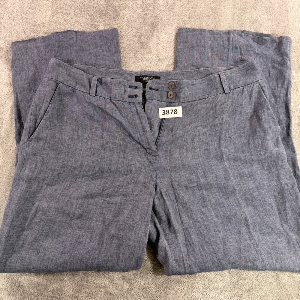 Talbots Heritage Pants Women 16P Blue 100% Linen Wide Leg Trouser Petite